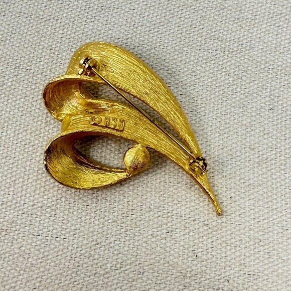 BSK Vintage Brooch MCM Mid-Century Classic Gold-Tone Faux‎ Pearl Signed - Picture 6 of 9